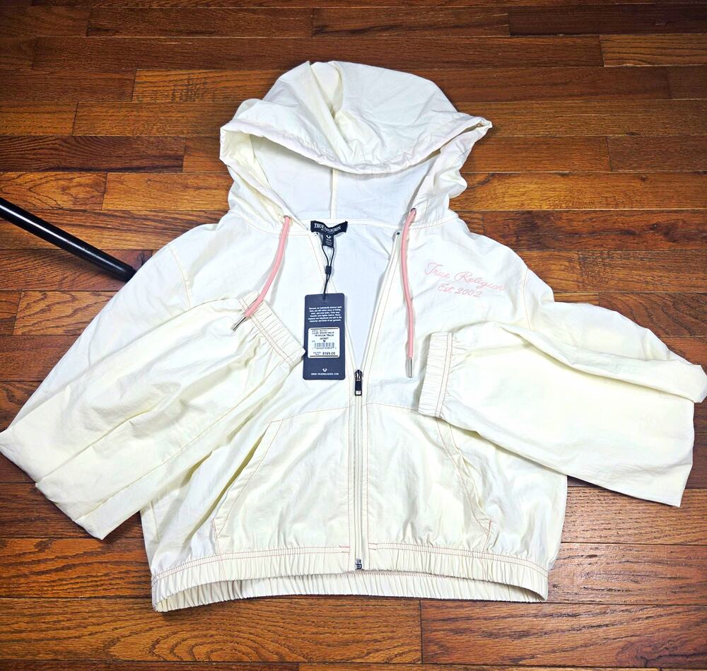True Religion Womens M Nylon Track Jacket NWT Winter White Pink Hooded $169